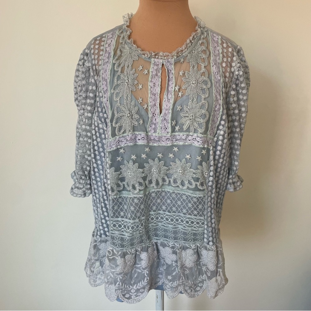 Anthropologie bl-nk Lace Crochet Sheer Light Blue Short Sleeve Blouse NWT Sz XL